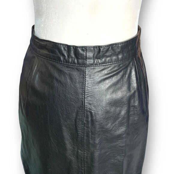 Vintage 90s Midi Pencil Skirt Black Leather High Waisted Tailored Snap Button - Picture 4 of 10